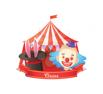 Circus red striped tent, portrait view of smiling clown character, ears of rabbit in hat, focus entertainment, colorful wizard, invitation or poster vector