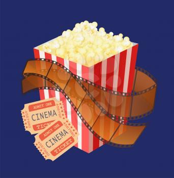 Cinema tickets and cooked popcorn in package with stripes vector, weekends entertainment and activities on holiday, movie and film watching hobby