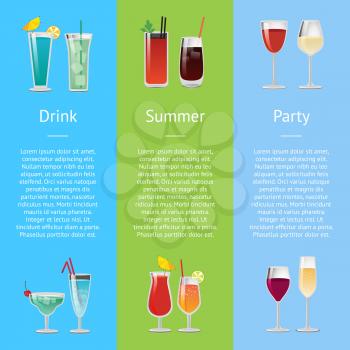 Summer drink party poster with alcoholic drinks in festive decorated glasses. Vector illustration of beverages with space for text on color backgrounds