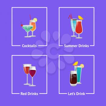 Cocktails and summer drinks icons isolated on purple background. Vector illustration with alcoholic beverages in white frames with decorative tubes