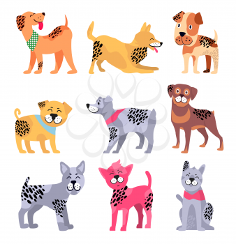 Pedigree dogs with unusual bright spotted fur as Chinese symbols of 2018 year isolated cartoon vector illustrations set on white background.