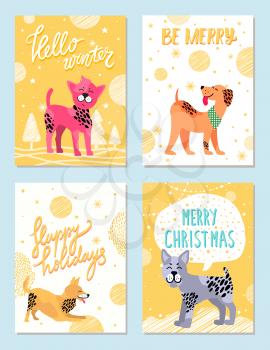 Merry Christmas happy holidays set of posters with congratulations from happy dogs. Vector illustration with akita playing on snow with trees on background