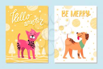 Hello winter and be merry festive cards with dogs of pure breeds. Pink Chinese crested puppy and weimarer with neckerchief vector illustrations.