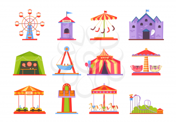 Park of attractions, collection of icons of ferris wheel, ticket tent, haunted house with ghosts, circus and carousels with horses vector illustration