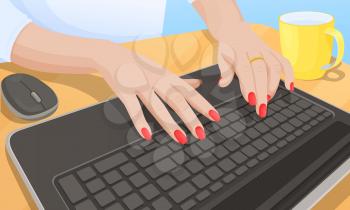 Woman typing on keyboard of personal computer important data concerning work, mouse and yellow cup on table beside, isolated on vector illustration