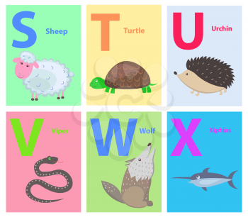 Capital letters S, T, U, V, W, X as part of alphabet vector. Fluffy sheep, sea turtle, cute urchin, dangerous viper, forest wolf and funny xiphias