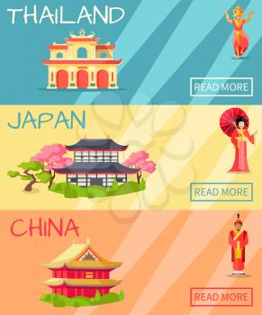 Thailand, Japan and China types of houses web banner. Vector poster of Thailand building, Japanese traditional house and Chinese symbolic dwelling with figures of women, ancient soldier and statue