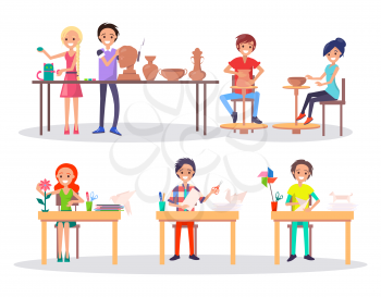 Happy boys and girl engaging in various activities during class at art school isolated vector illustration on white background in cartoon style