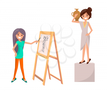 Girl drawing still life picture of woman with vase on easel by pains vector illustration isolated on white. Girl creating sketch with female posing