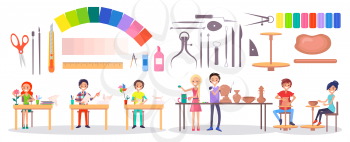Set of stationery items, various instruments, art supplies and art school students isolated vector illustration on white. Young artists and their hobbies
