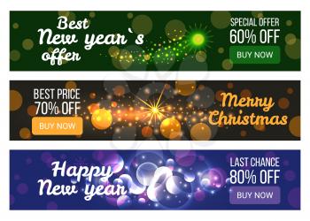 Set of colorful sale posters New Year best price vector illustration with bright green, yellow and lilac circles isolated on deep dark backgrounds