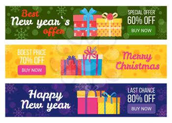 Colorful set of sale banners best price buy now vector illustration with beautiful gift boxes with color ribbons and bows isolated on snowy backgrounds