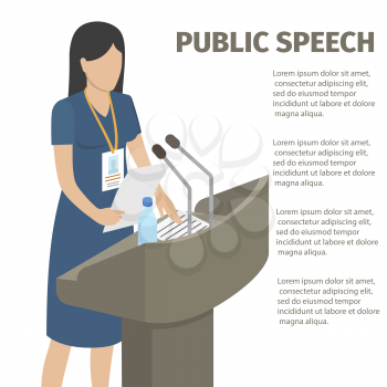 Public speech performed by woman in navy dress with papers and bottle of water on grandstand isolated vector illustration.