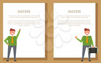 Success-related collection of banners depicting smiling men. Isolated vector illustration of male adults posing and holding briefcase full of money