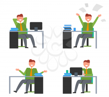 Set of four icons with man sitting on chair in front of desk with computer on it. Vector illustration of males on workplace isolated on white background