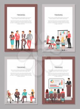 Training vector posters set with coworkers sitting on chairs, people at conference discussing issues near blackboard, teambuilding on illustrations