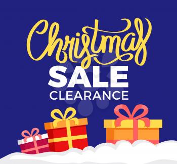 Christmas sale clearance poster, vector illustration with pretty gift boxes with colorful ribbons and bows isolated on dark blue background with frame