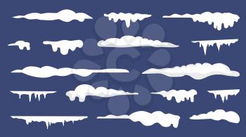 Various white blocks of ice and heaps of snow vector illustration show bunch of different shapes of ice and snow isolated on dark deep blue background.
