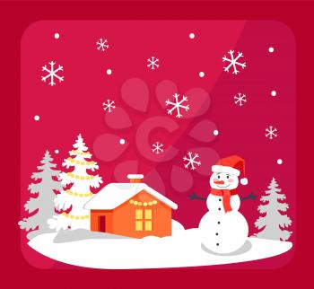 Smiling snowman in bright red hat and orange house with snow-covered roof vector illustration isolated on red background with snowflakes and frame