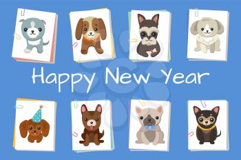 Happy New Year pets poster with cute smiling dogs on blue background. Vector illustration with happy animals on white square cards
