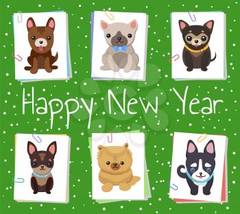 Happy New Year pets poster with cute smiling dogs on green background with snowfall. Vector illustration with happy animals on white square cards