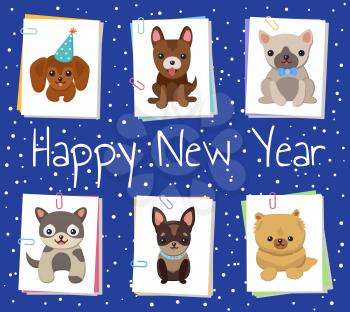 Happy New Year pets poster with cute smiling dogs on dark blue background with snowfall. Vector illustration with happy animals on white square cards