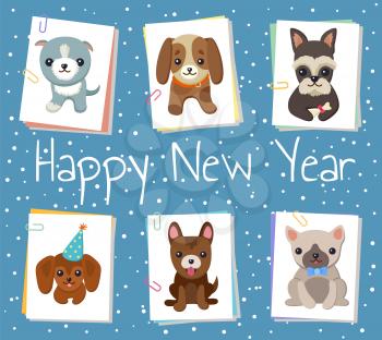 Happy New Year pets poster with cute smiling dogs on blue background with snowfall. Vector illustration with happy animals on white square cards