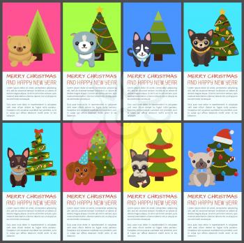 Merry Christmas and happy New Year pets and spruce set of colorful posters. Vector illustration with cute smiling dogs and decorated bright xmas trees