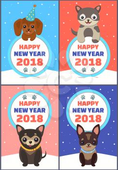 Happy New Year 2018 congrats set of colorful posters on snowy background. Vector illustration with congratulations from happy smiling dogs in collars