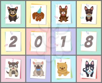 New Year 2018 symbol dog on set of postcards. Vector illustration with cute smiling pets in collars on colorful poster on light background