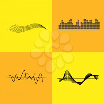 Equalizer interface pictured with grids with graph, lines and waves. Vector illustration with icons of music pulse detector isolated on yellow background