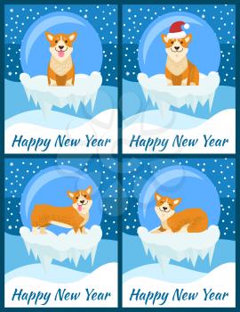 Happy New Year congratulations from cute corgi on set of four bright posters. Vector illustration with happy dog in red Santa s hat on snowy background