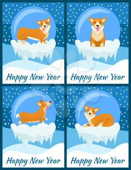 Happy New Year set of posters, dog depicted in different poses and placed on ice, snowflakes and cold weather outside on vector illustration