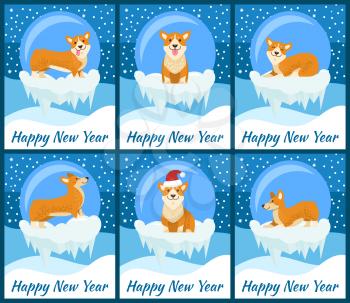 Happy New Year posters with Corgi dog inside glass bubble with bottom covered with ice and snowflakes around cartoon vector illustrations set.
