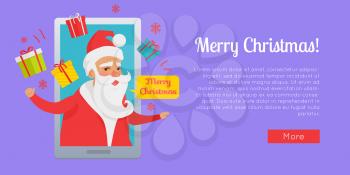 Colourful Merry Christmas greeting card with Santa Claus. Vector web banner with cartoon New Year character in red costume inside big smartphone and many gift, snowflakes boxes hovering above him.