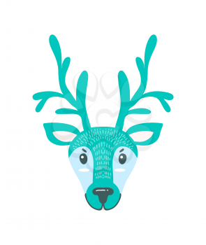 Furry North Pole deer with long branchy horns. Christmas animal head of unusual color isolated cartoon vector illustration on white background.