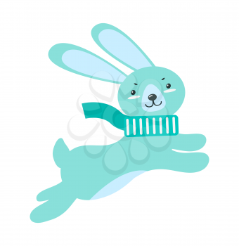 Fluffy rabbit with long ears and small tail in warm scarf jumps up isolated vector illustration on white background. Funny Christmas forest animal.