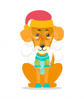 Dog in knitted warm sweater, red Christmas hat and small shoes sits with happy face isolated cartoon flat vector illustration on white background.