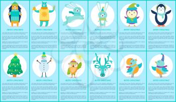 Merry Christmas, set of placard of blue color, composition of letterings and images of animals and tree, snowman and birds on vector illustration