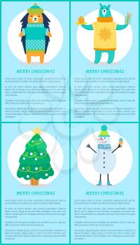 Merry Christmas set of banners with smiling animals, xmas tree and snowman in warm knitted clothes. Vector illustration with friendly New Year symbols