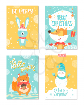 Be merry and let it snow, hello winter, posters dedicated to Christmas theme, images with rabbit and fox, squirrel and snowman on vector illustration