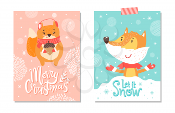 Let it snow and merry christmas, set of cards representing squirrel holding big acorn and fox catching snowflakes isolated on vector illustration