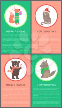 Merry Christmas colorful congratulation postcards with fox holding present, cat in santa s hat, bear with candy, wolf in scarf, vector with happy animals