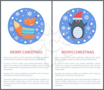 Animal set of icons fox in sweater, penguin in hat images in circles with snowflakes vector illustration posters with place for text isolated on white