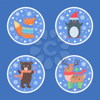 Animal set of icons, fox in sweater, penguin in hat, bear in scarf and deer in green socks, images in circles with snowflakes vector illustration