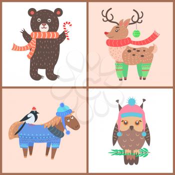 Collection of funny posters with animals on them, bear with candy, reindeer in scarf, horse in sweater, owl sitting on branch vector illustration