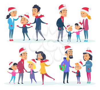 Set of different families on white background. Vector illustration of one and two-children families with their parents. Father mother daughter and son in red Santas hats. Christmas is coming soon.