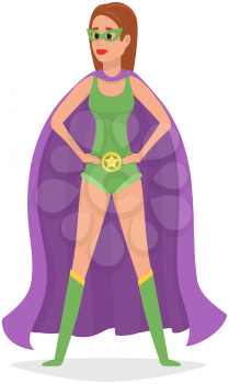 Superwoman stands and has superpowersto to defend planet. Cartoon character in superhero costume with purple cloak, mask and emblem stands on white background. Girl protects people from villains