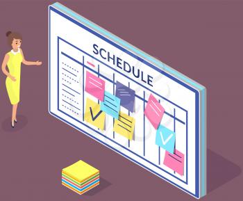 Large schedule with notes on colored stickers. Young woman smiles and shows on timetable with plans, goals and objectives. Girl standing next to set of stickers for work on purple background