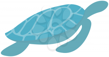 Sea blue turtle swimming on white background. Ocean animal cartoon nautical character lives in ocean. Tortoiseshell sea dweller. Wild nature of world ocean. Underwater marine life isolated tortoise